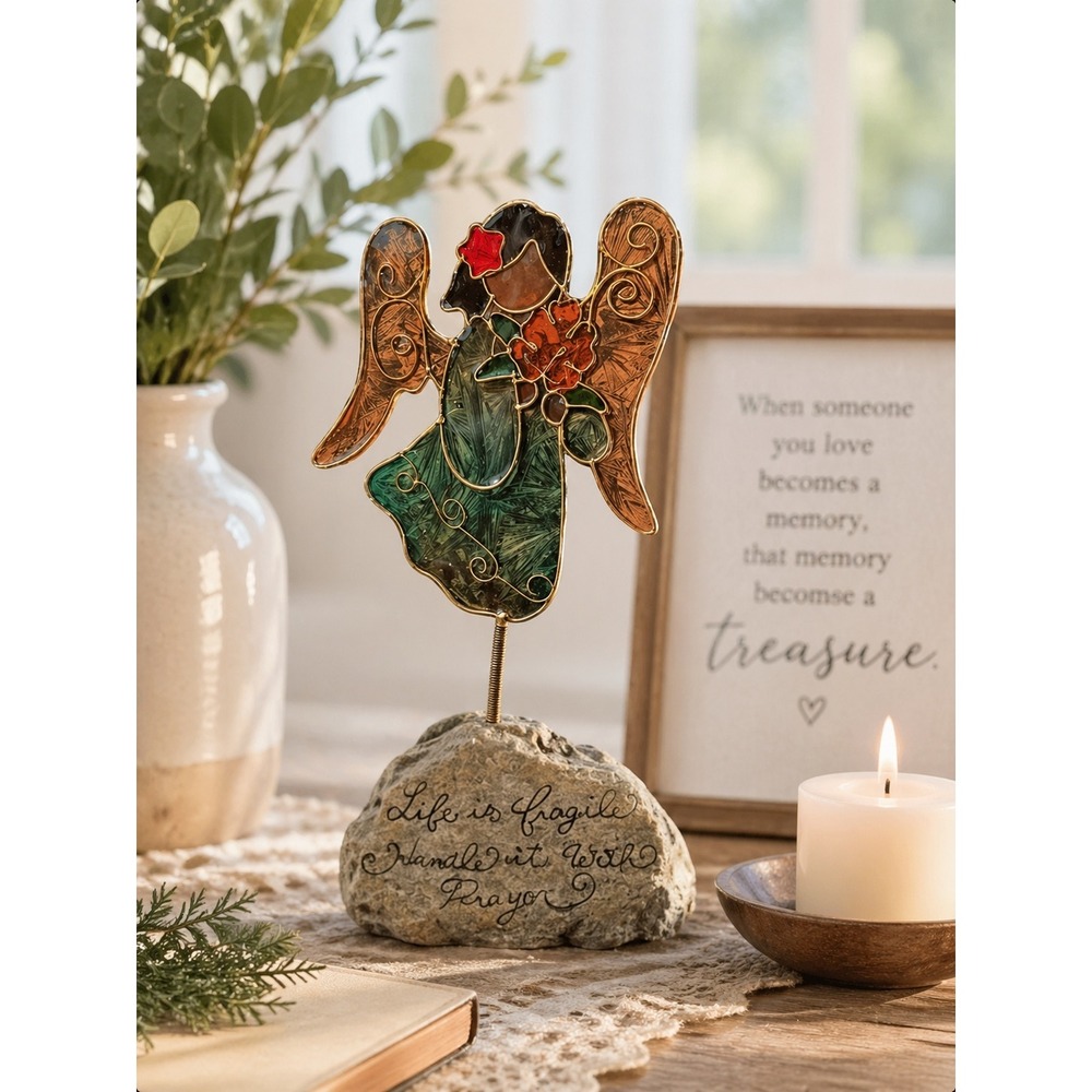 Angel Figurine‎ Stained Glass Sun Catcher Memorial Gift Decor 7"